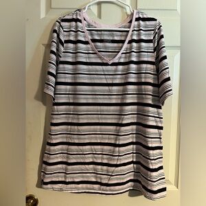 Striped V-Neck Short Sleeve Top - Pink & Black